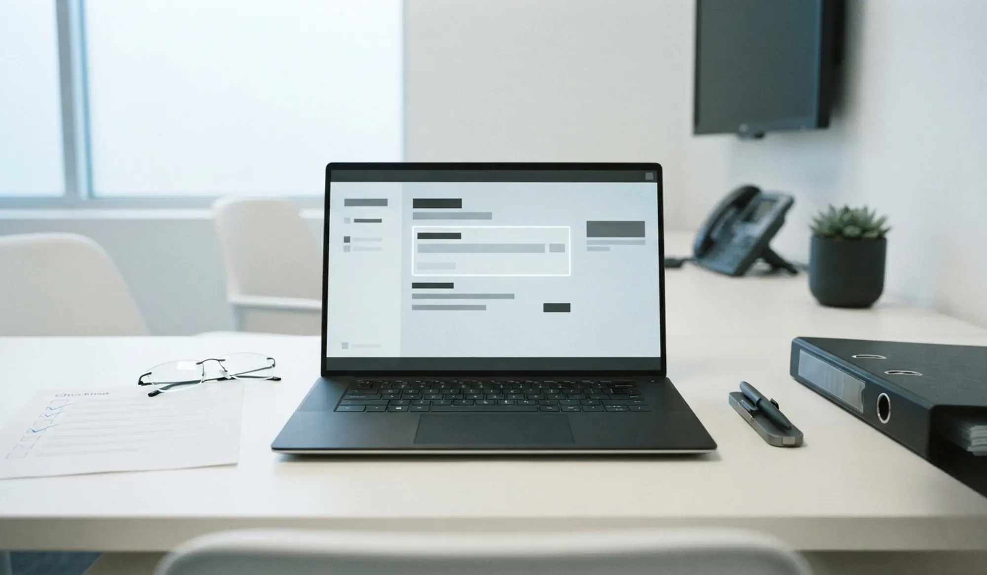 A clinic administrator's desk — a patient portal open on a laptop with a high-contrast focus outline, a printed checklist beside it