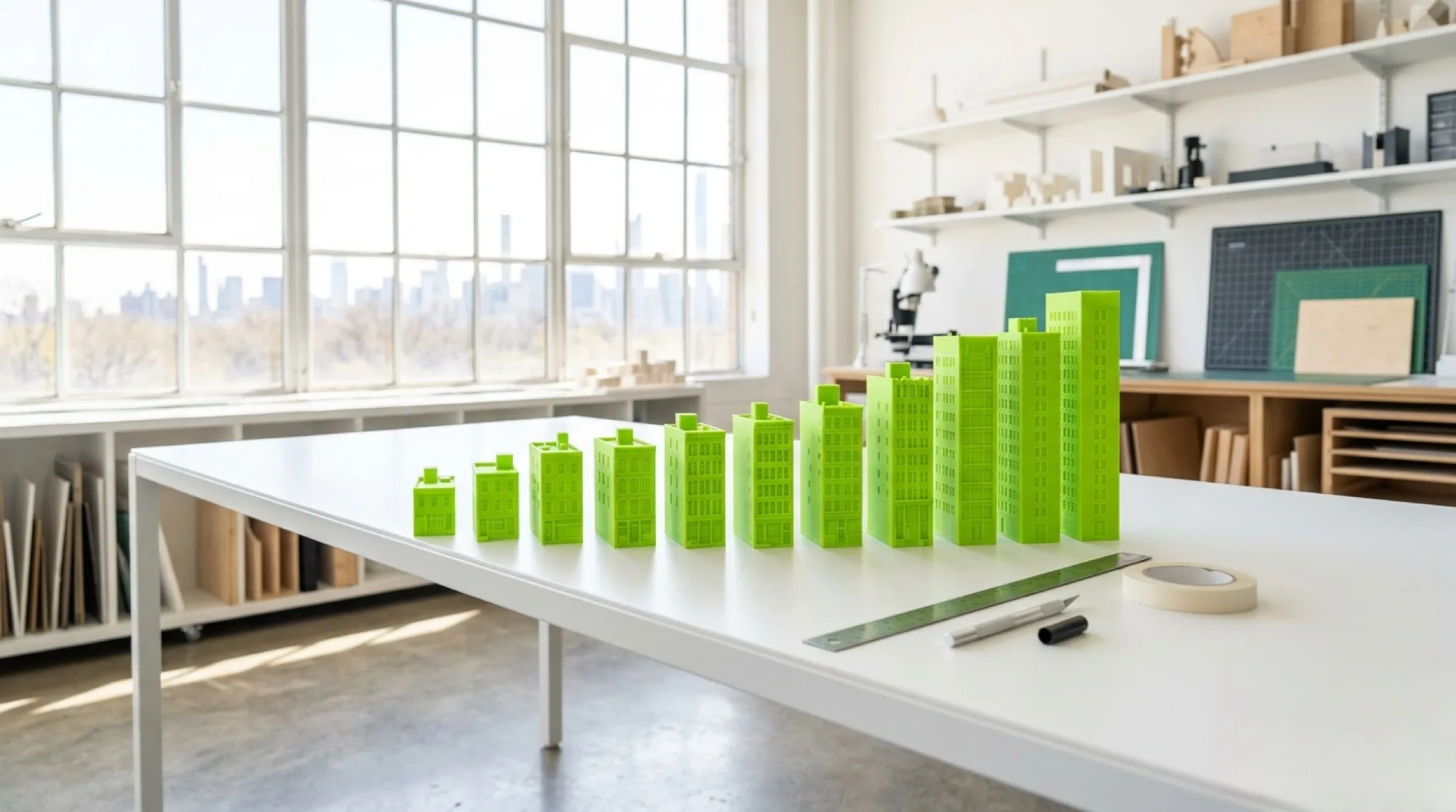 Identical printed documents fanned across a desk, several tabbed with lime-green dividers