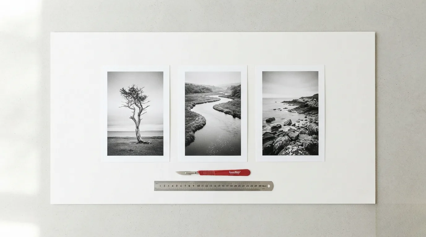 Three tall portrait prints laid in a row at the centre of a much wider sheet of white mount board, with broad empty margins on either side and a red-handled scalpel below.