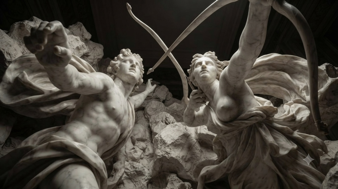 Marble sculpture of Apollo and Artemis with bows crossed overhead