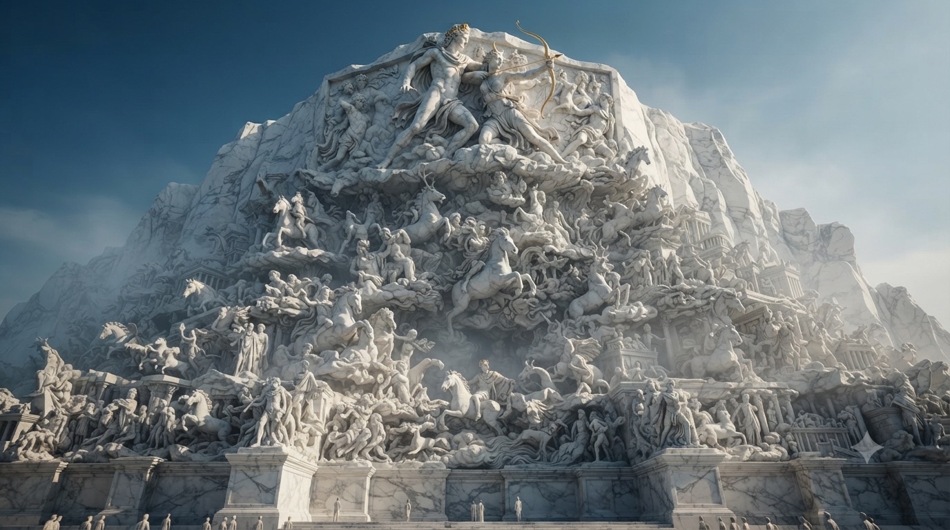 Colossal mountain face carved with hundreds of marble figures, Apollo and Artemis at the peak