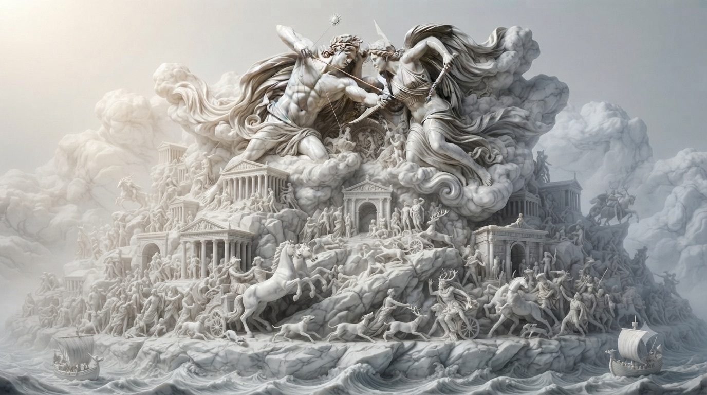 Marble tableau of a carved world rising up Mount Kynthos, Apollo and Artemis at its summit